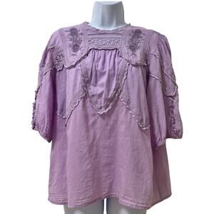 Anthropologie Aderyn Lace Trim Blouse Top Size‎ L Lavender Coquette Victorian